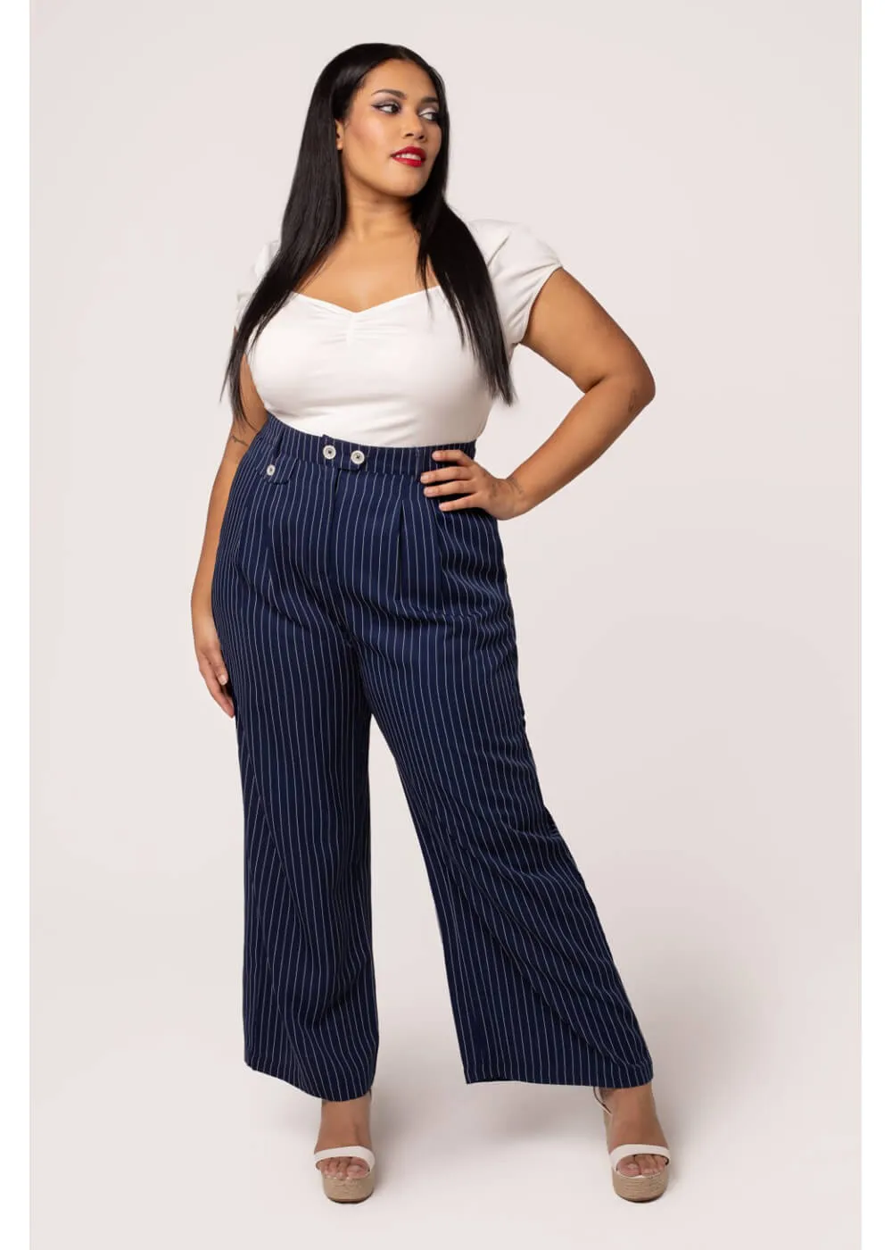 Hell Bunny Costello Pinstripe 40's Trousers Navy