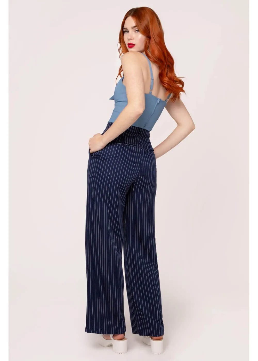 Hell Bunny Costello Pinstripe 40's Trousers Navy