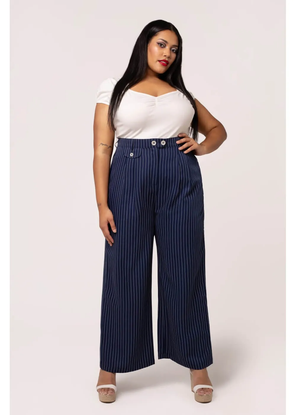 Hell Bunny Costello Pinstripe 40's Trousers Navy