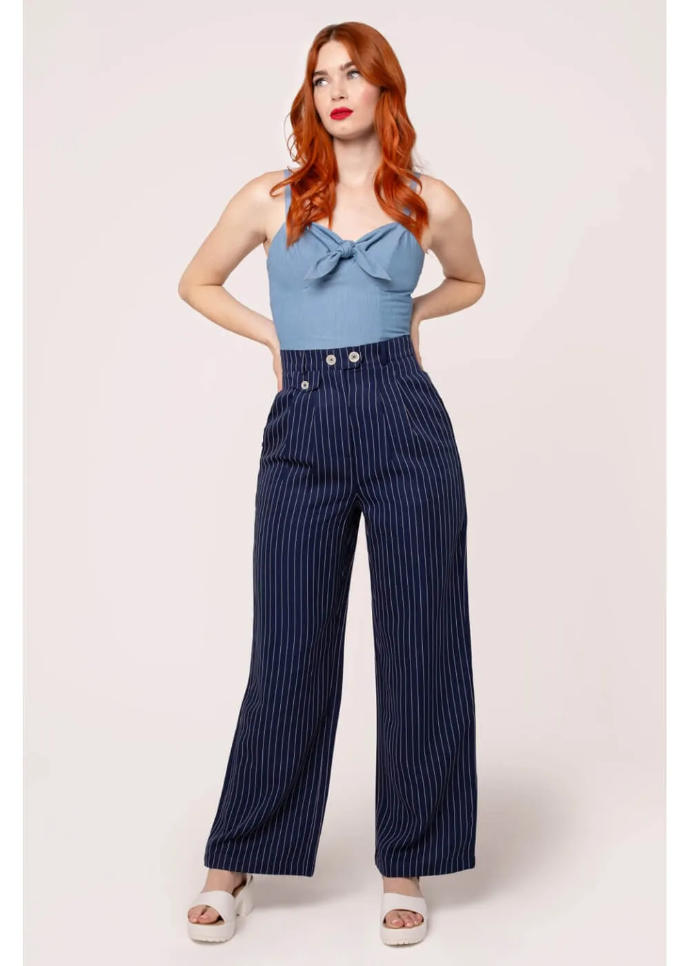 Hell Bunny Costello Pinstripe 40's Trousers Navy