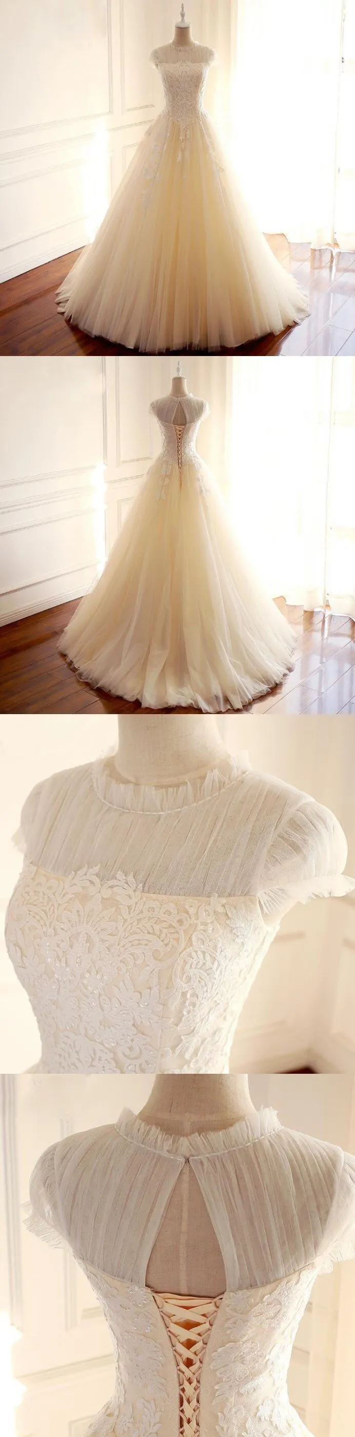 High Neck A-line Lace Appliques Weeding Dresses, Elegant Real Made Ball Gown, WD0274