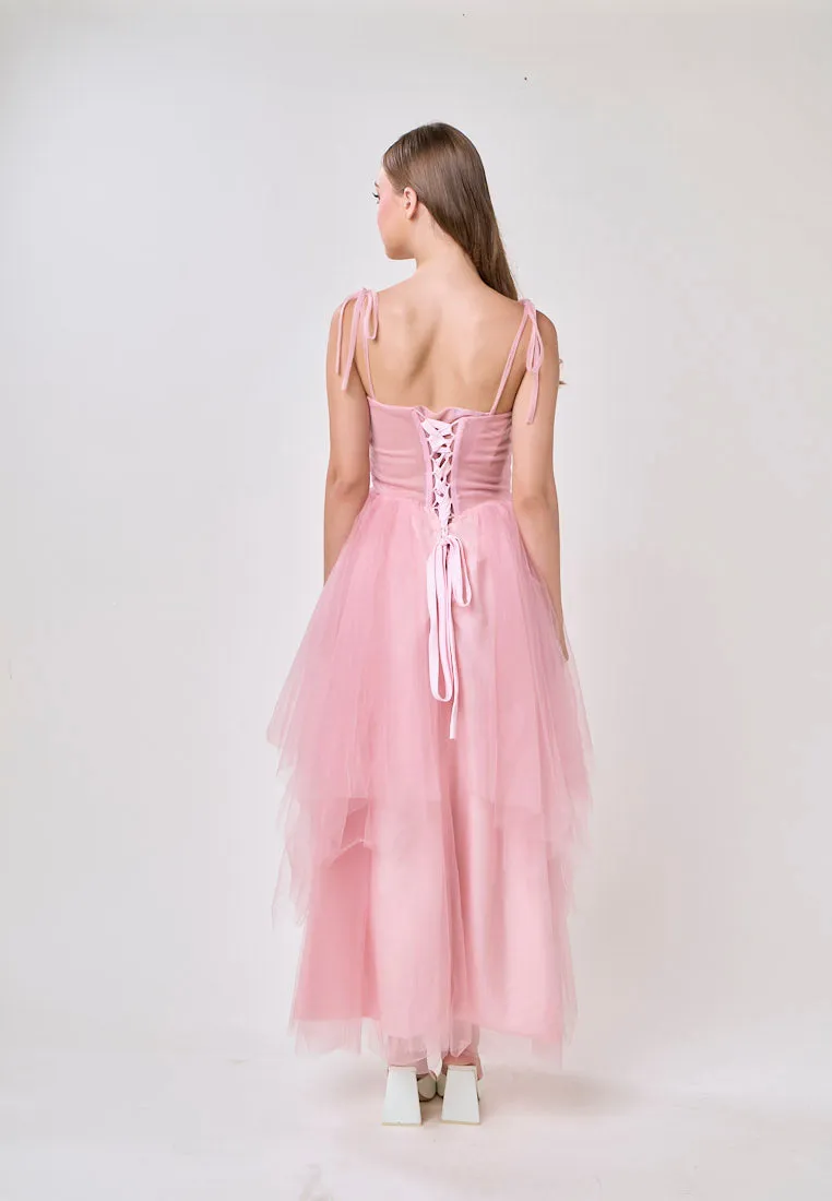 Hope Pink Square Neck Selftie Corset Back Tulle Layered Midi Dress