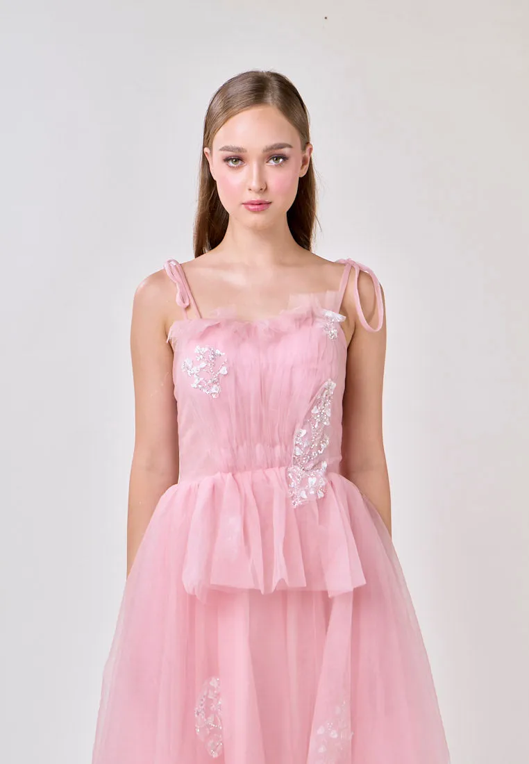 Hope Pink Square Neck Selftie Corset Back Tulle Layered Midi Dress