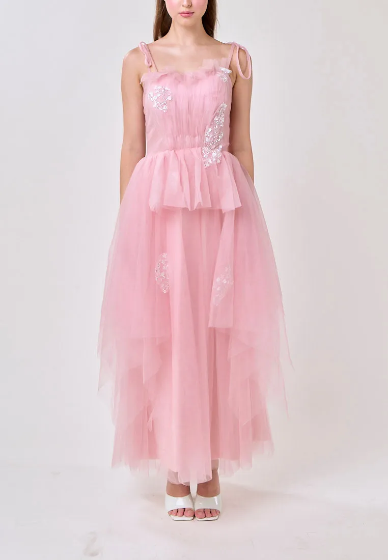 Hope Pink Square Neck Selftie Corset Back Tulle Layered Midi Dress