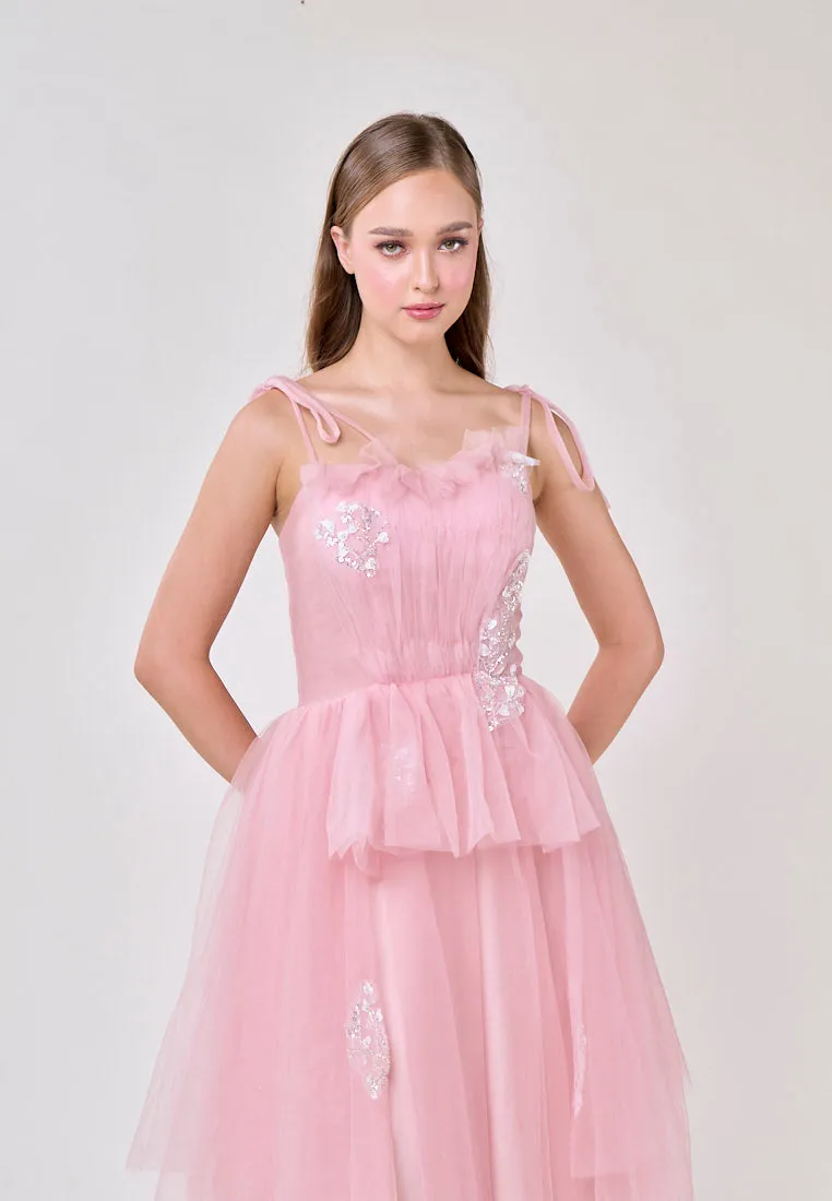 Hope Pink Square Neck Selftie Corset Back Tulle Layered Midi Dress