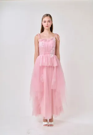 Hope Pink Square Neck Selftie Corset Back Tulle Layered Midi Dress