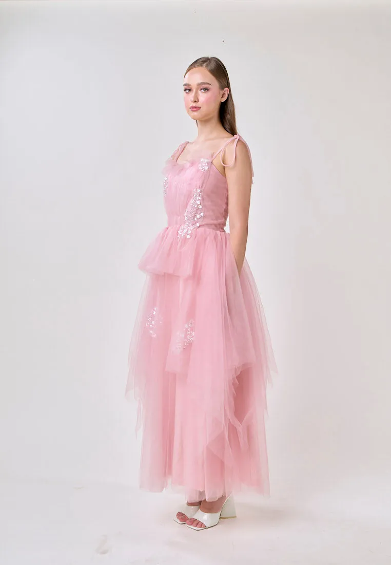 Hope Pink Square Neck Selftie Corset Back Tulle Layered Midi Dress