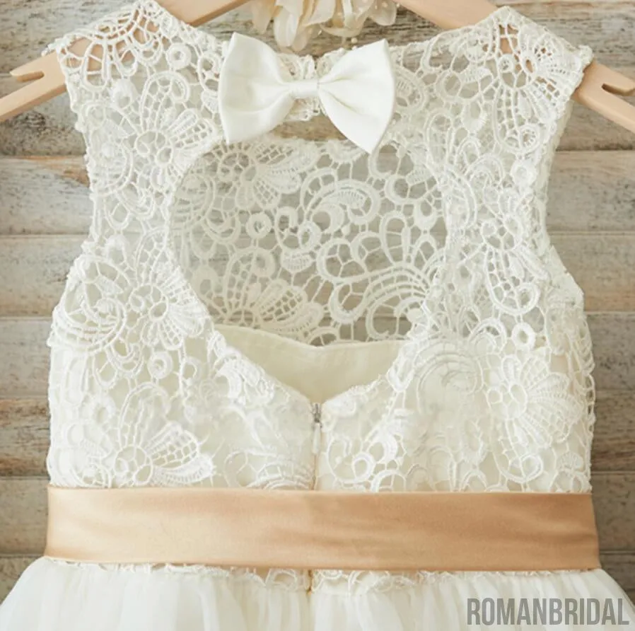 Illusion Lace Top Open Back Lovely Flower Girl Dresses,  Cheap Little Girl Dresses, FG078