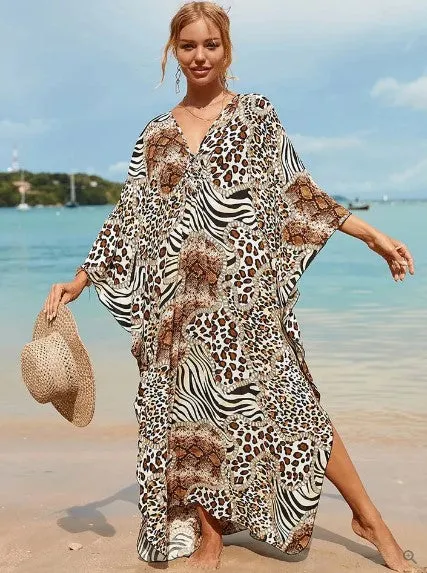 Isabella - boho dresses with bat sleeves and cheetah print