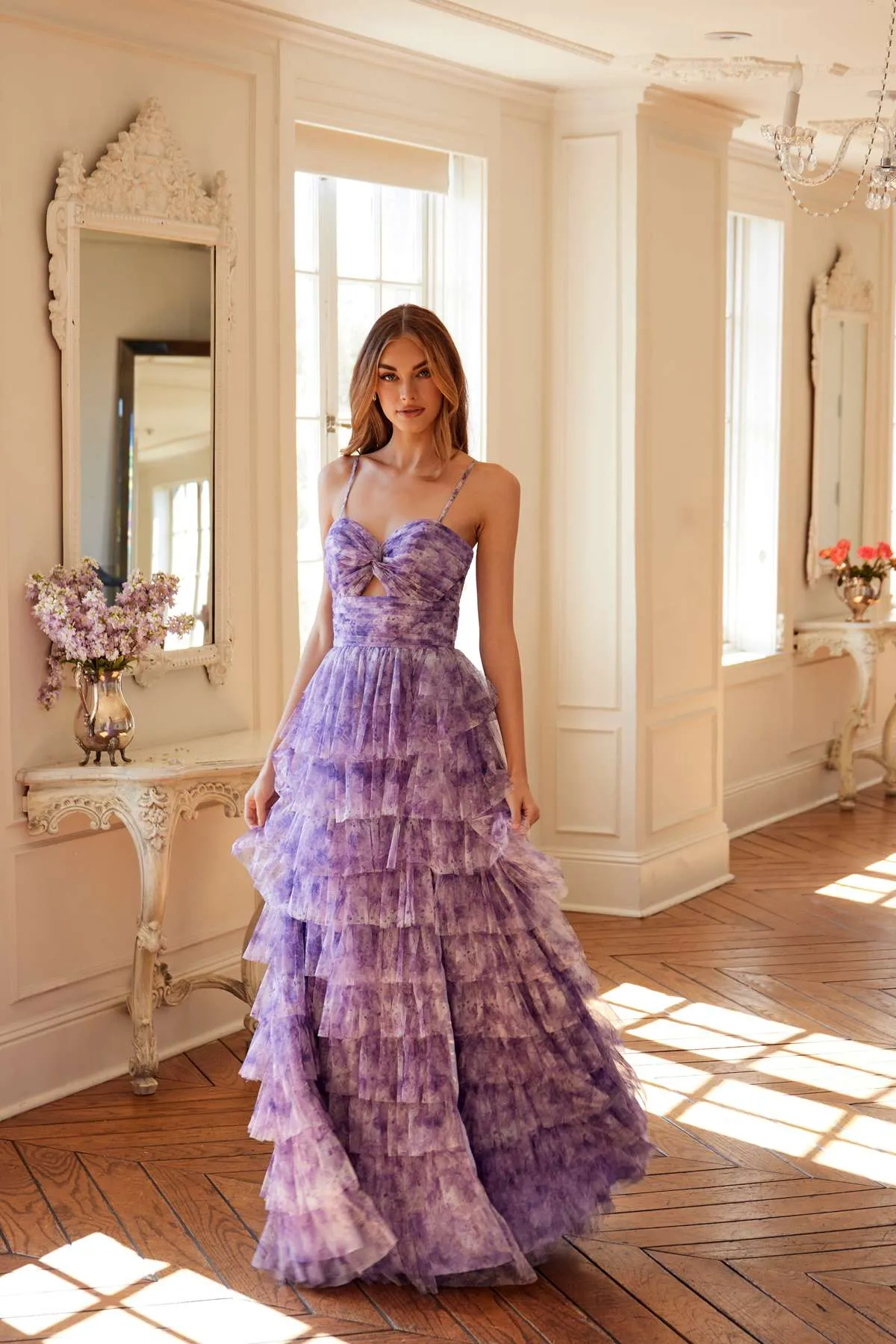 Juliet JT2508A Sweetheart Keyhole Neckline Ruffled Tier Skirt Gown