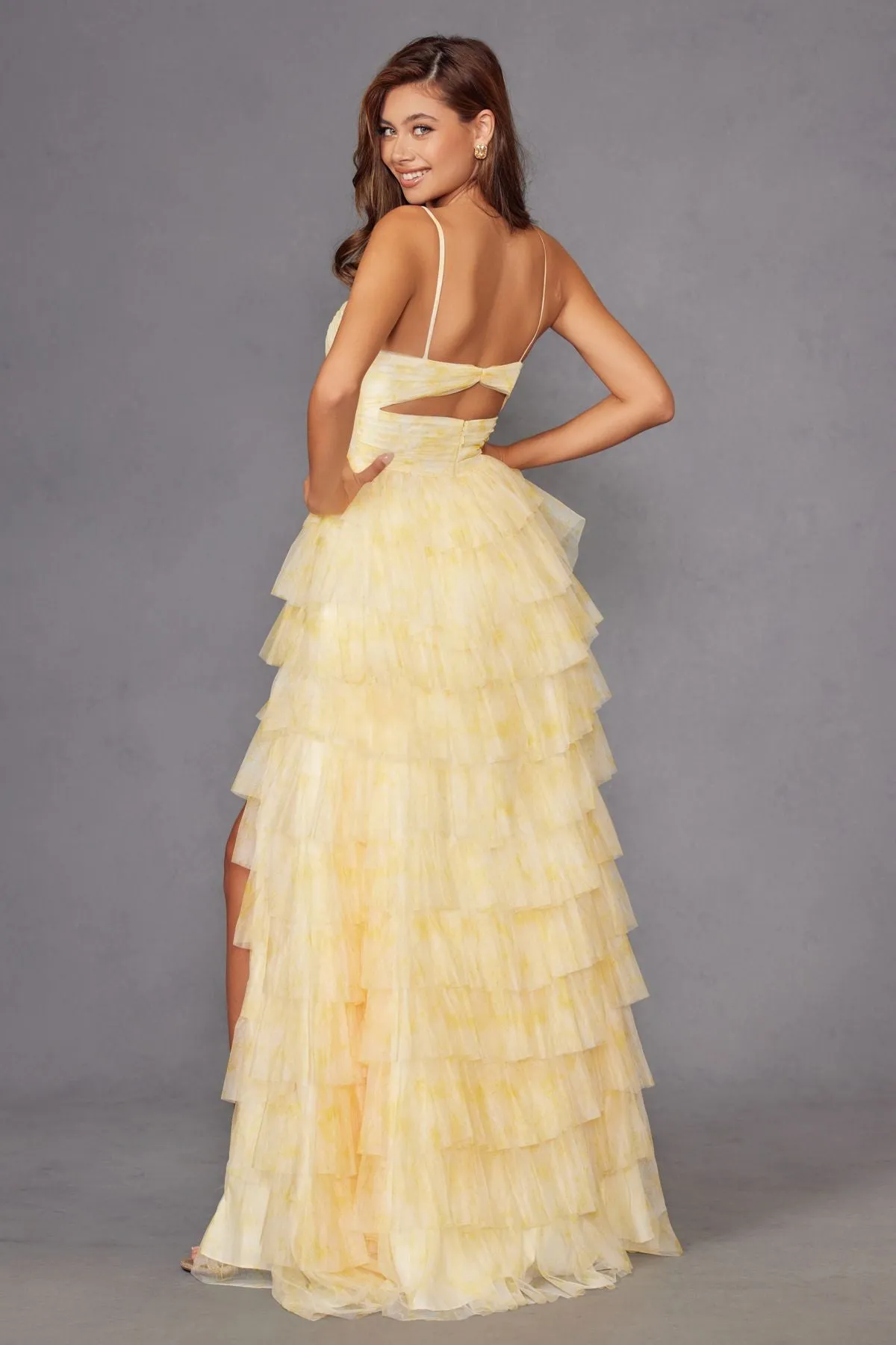 Juliet JT2508A Sweetheart Keyhole Neckline Ruffled Tier Skirt Gown