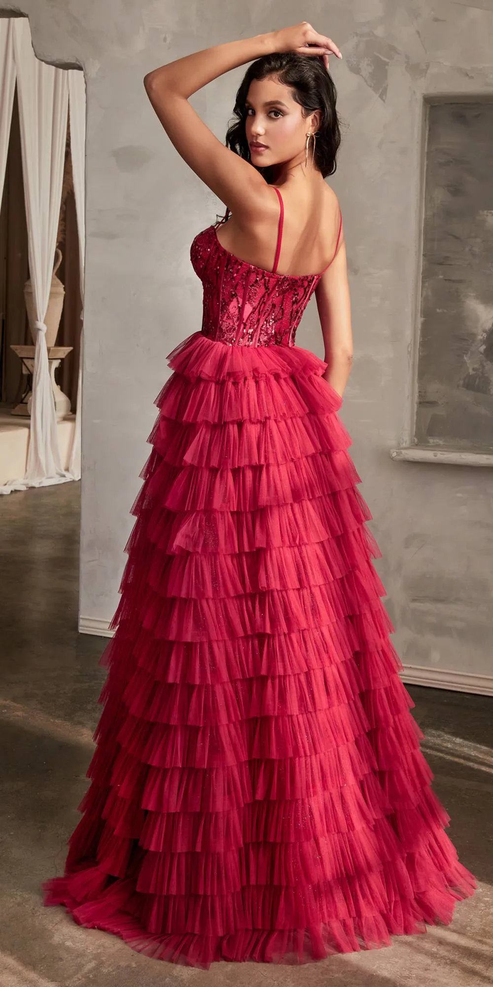 Ladivine CB143 Long Layered Tiered Ruffled Sequin Bodice Ball Gown
