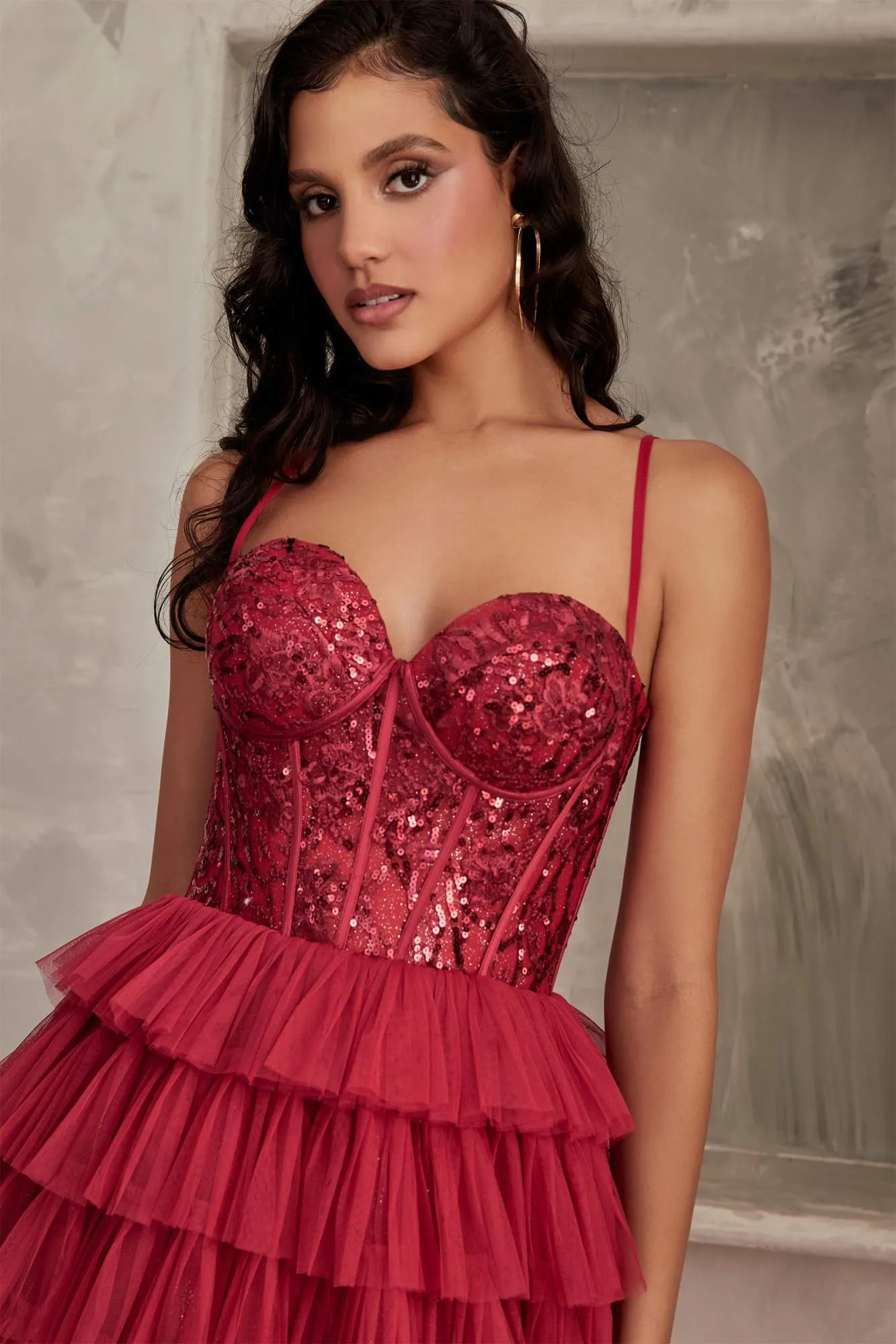 Ladivine CB143 Long Layered Tiered Ruffled Sequin Bodice Ball Gown