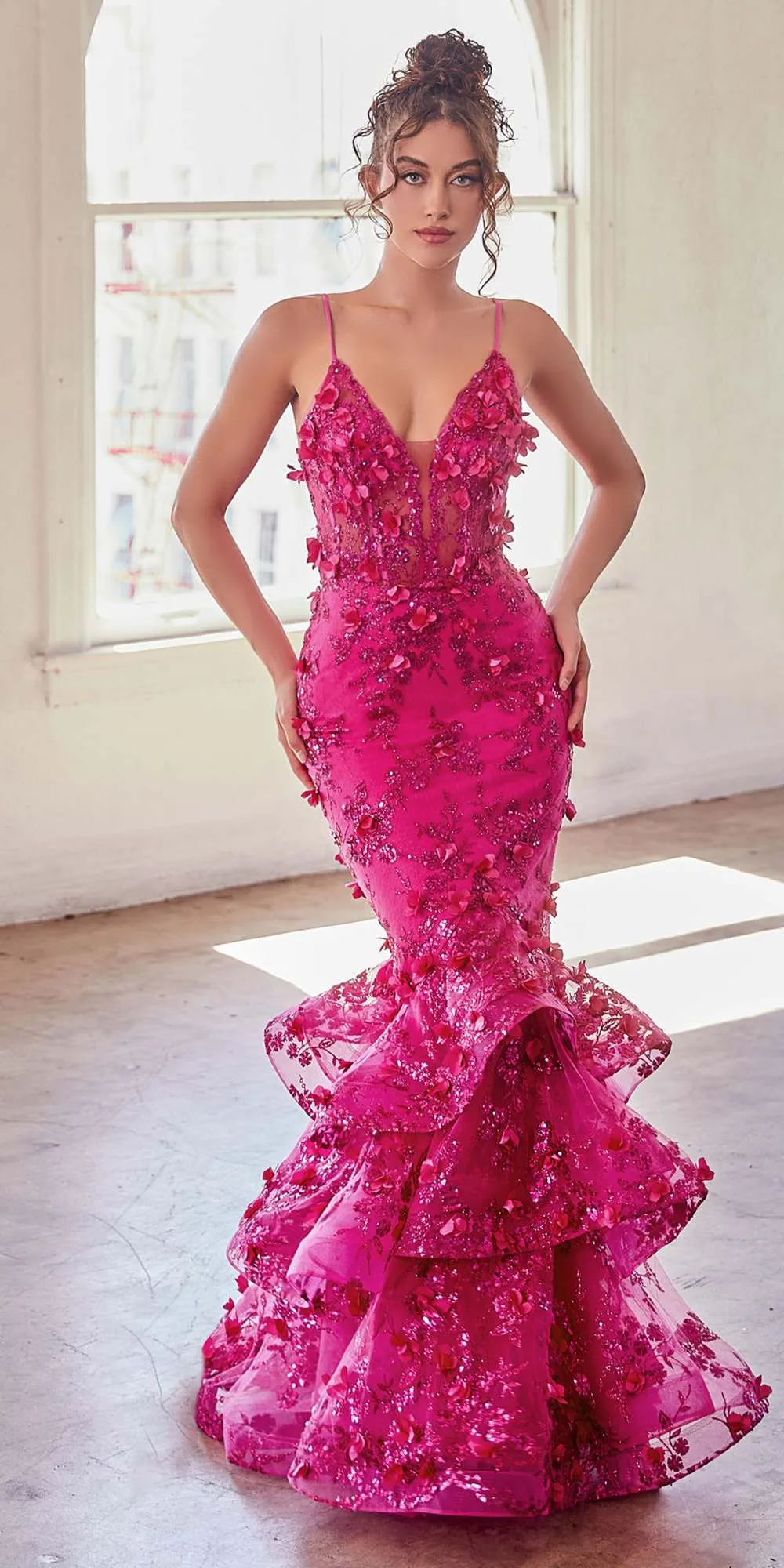 Ladivine CC2288 Long Glitter Floral Applique Tiered Layered Mermaid Gown