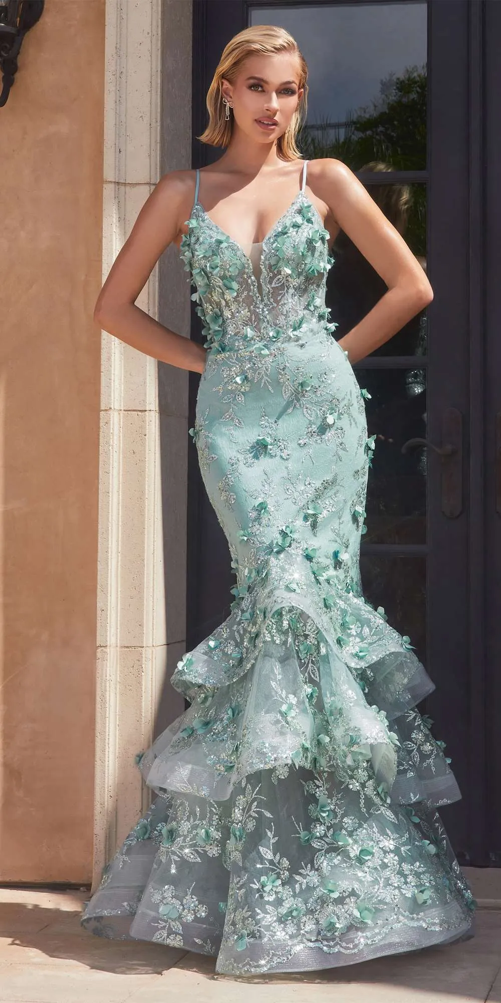 Ladivine CC2288 Long Glitter Floral Applique Tiered Layered Mermaid Gown