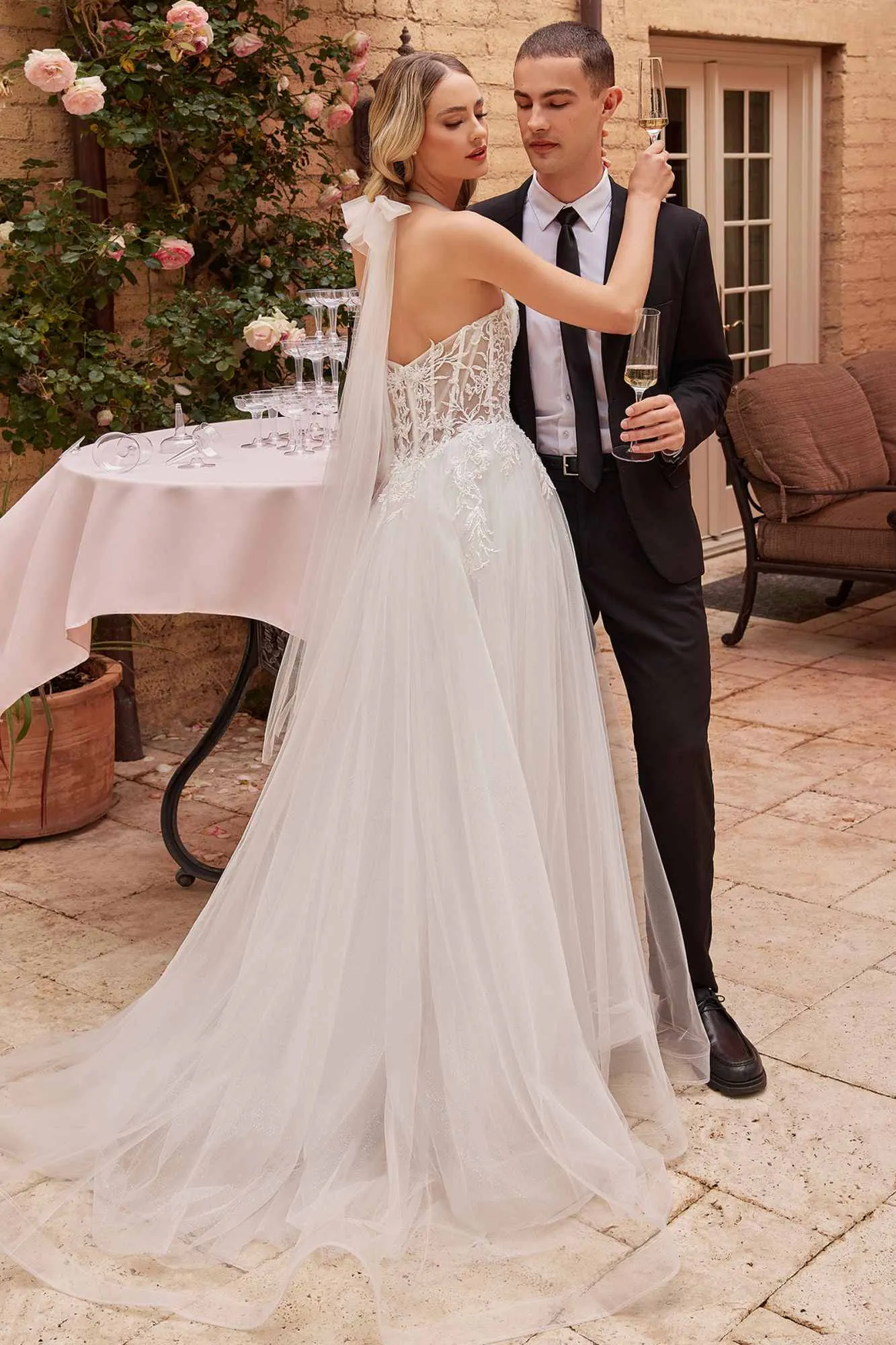 Ladivine CD827W Long Convertible Tulle Strap A-Line Wedding Ball Gown