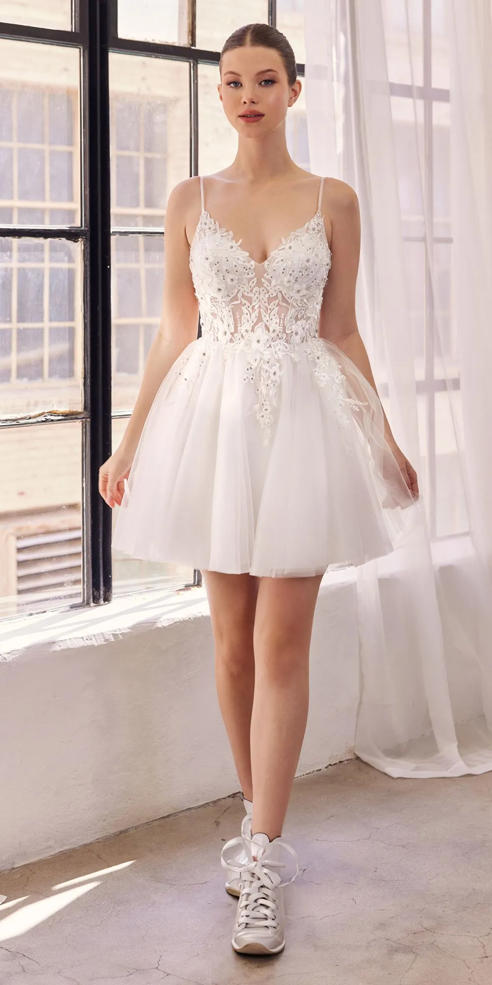 Ladivine SF047 Lace Bodice A-Line Layered Tulle Short Dress