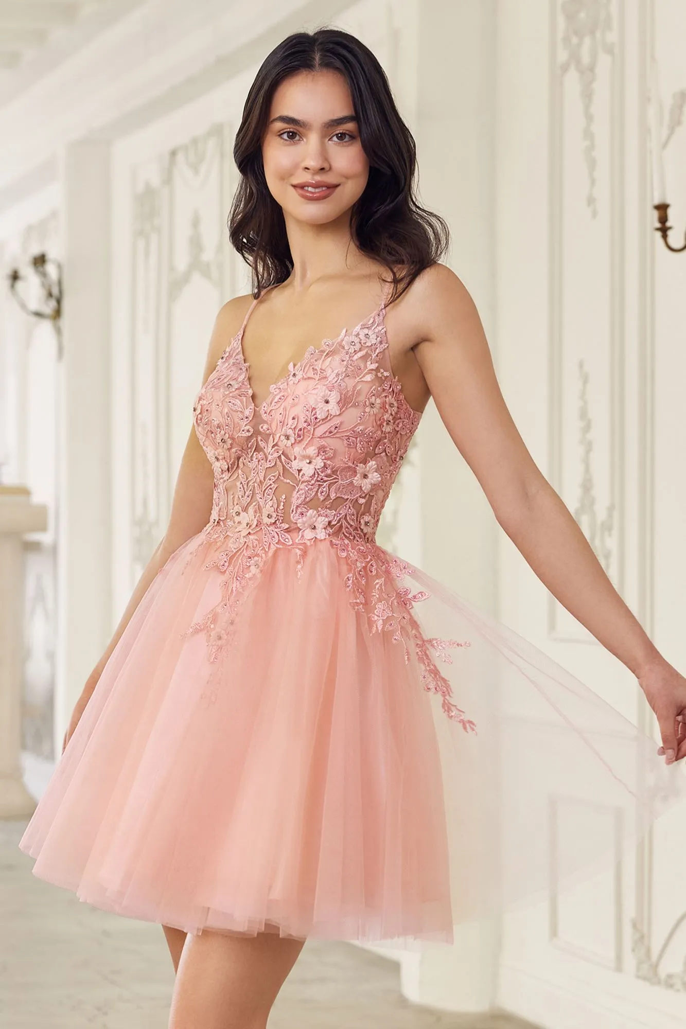 Ladivine SF047 Lace Bodice A-Line Layered Tulle Short Dress