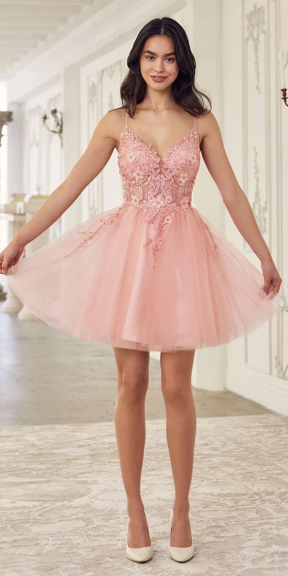 Ladivine SF047 Lace Bodice A-Line Layered Tulle Short Dress