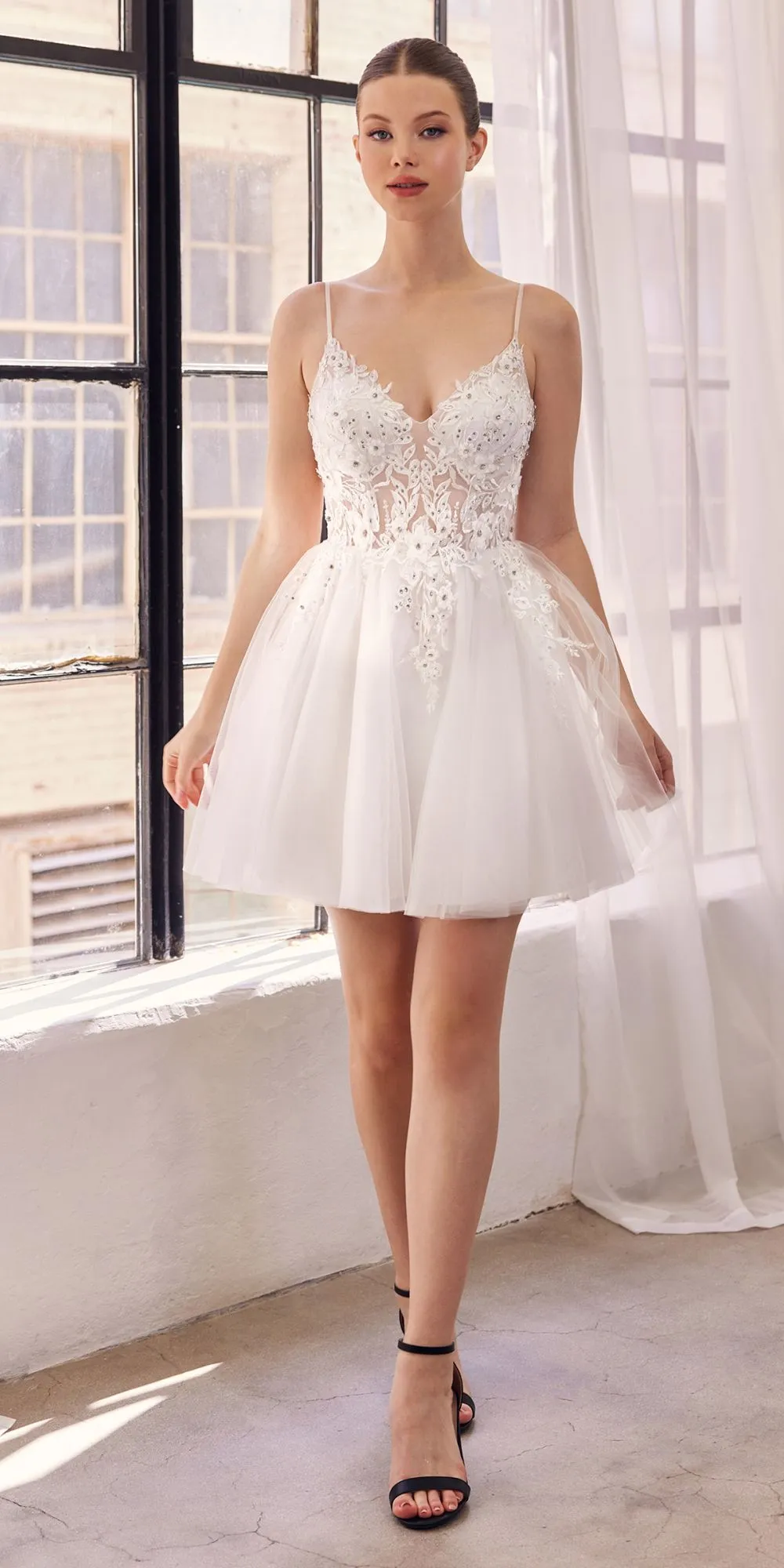 Ladivine SF047 Lace Bodice A-Line Layered Tulle Short Dress