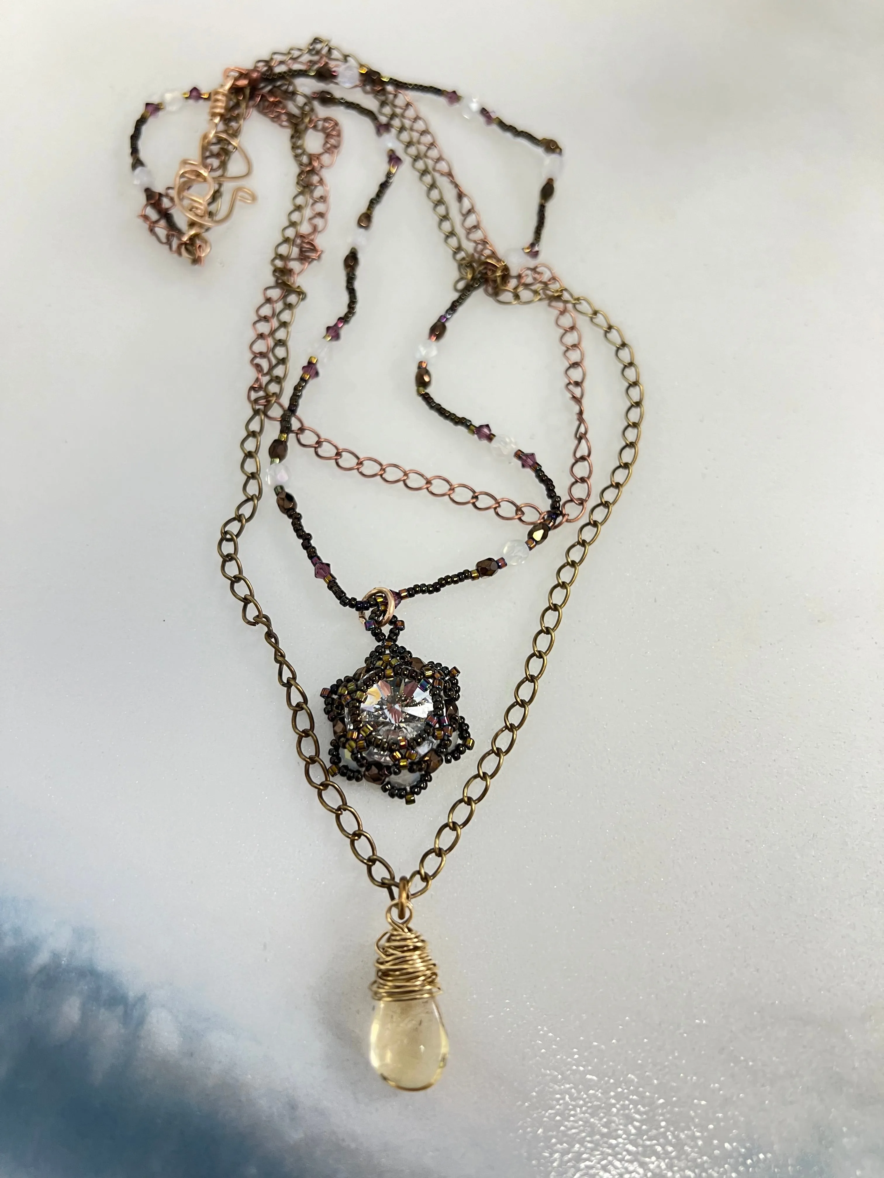 Layered Lotus Flower Necklace | Handwoven Crystal, Citrine, Brass & Copper
