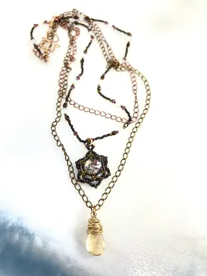 Layered Lotus Flower Necklace | Handwoven Crystal, Citrine, Brass & Copper