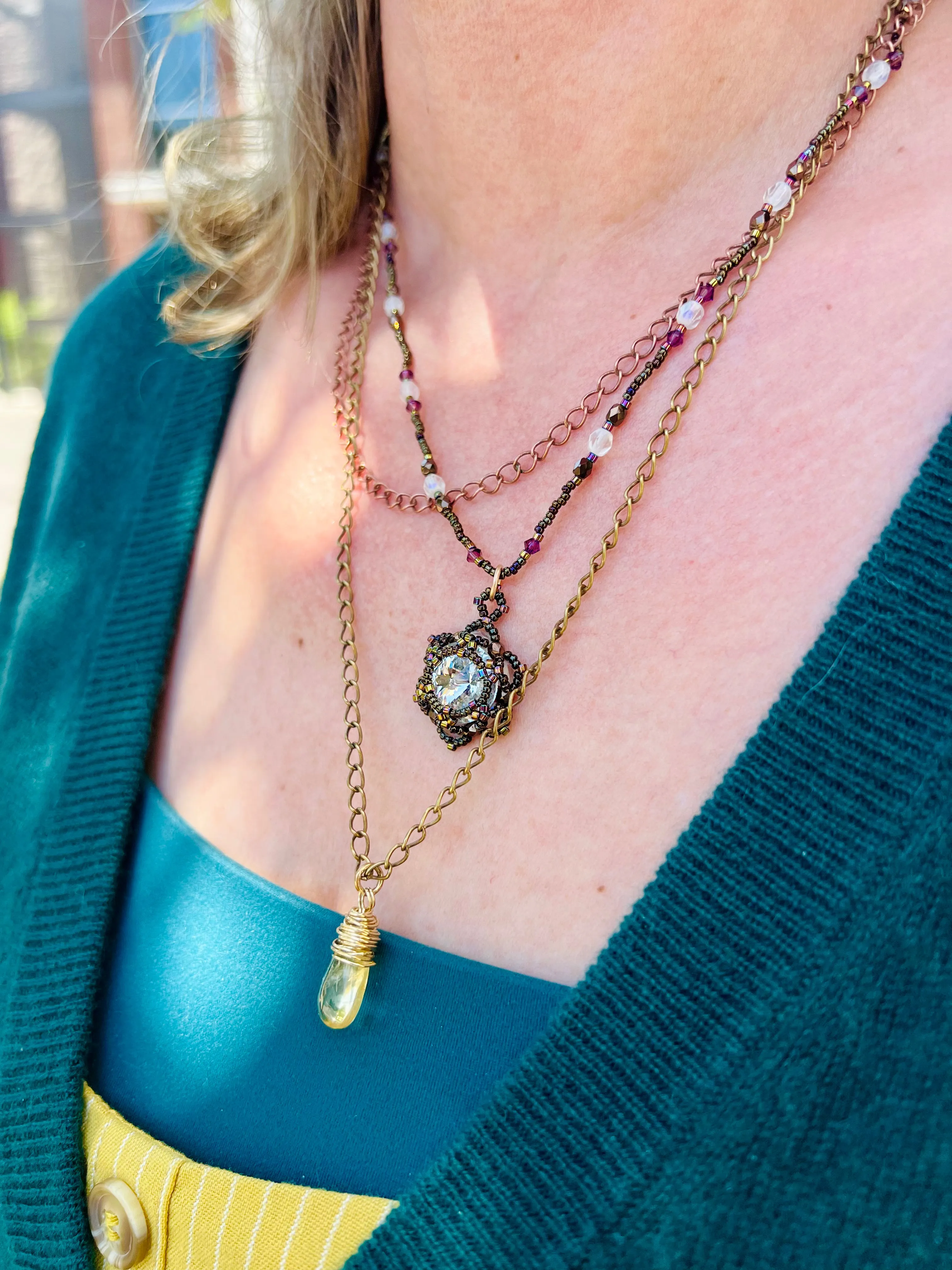 Layered Lotus Flower Necklace | Handwoven Crystal, Citrine, Brass & Copper