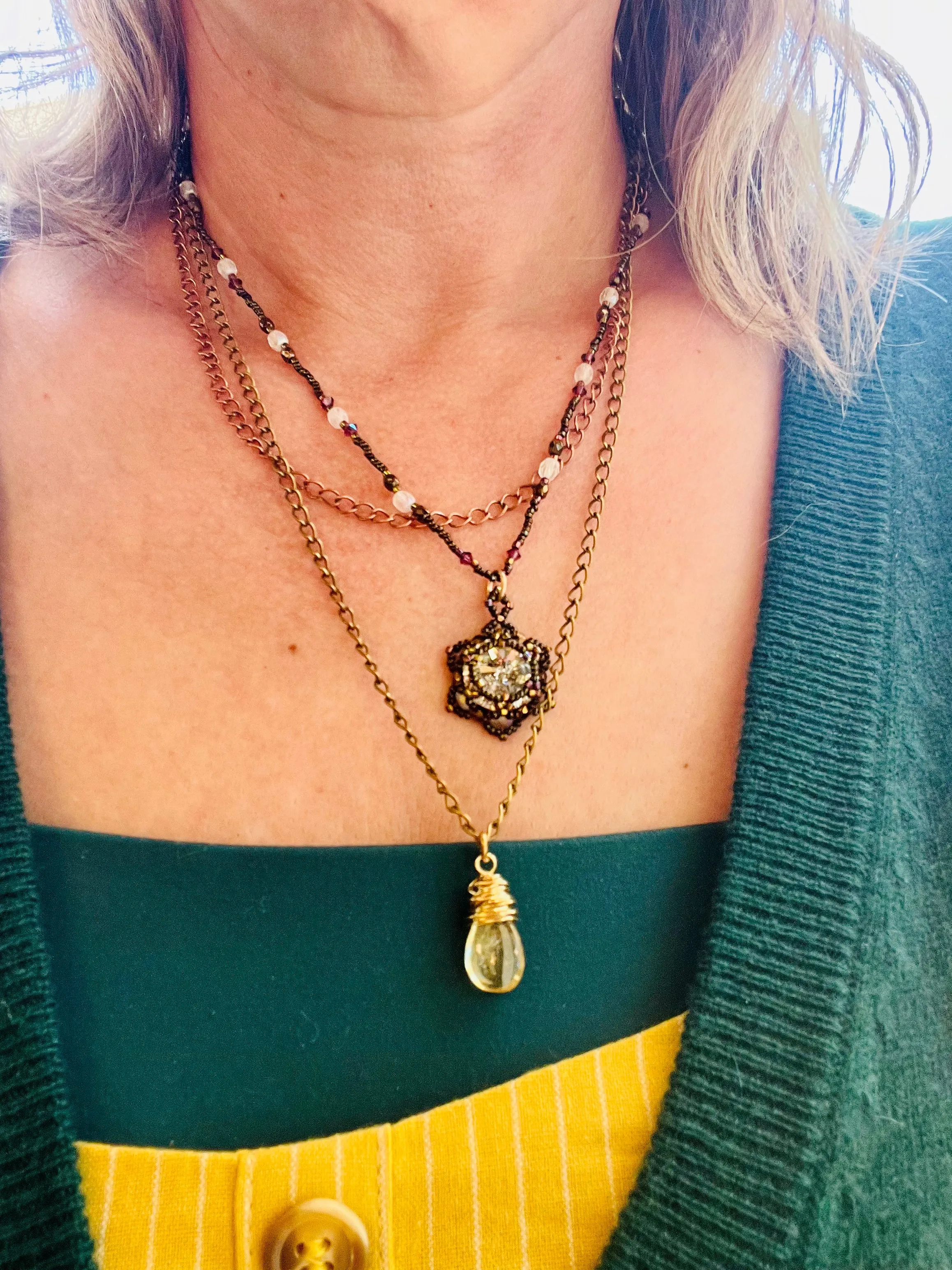 Layered Lotus Flower Necklace | Handwoven Crystal, Citrine, Brass & Copper