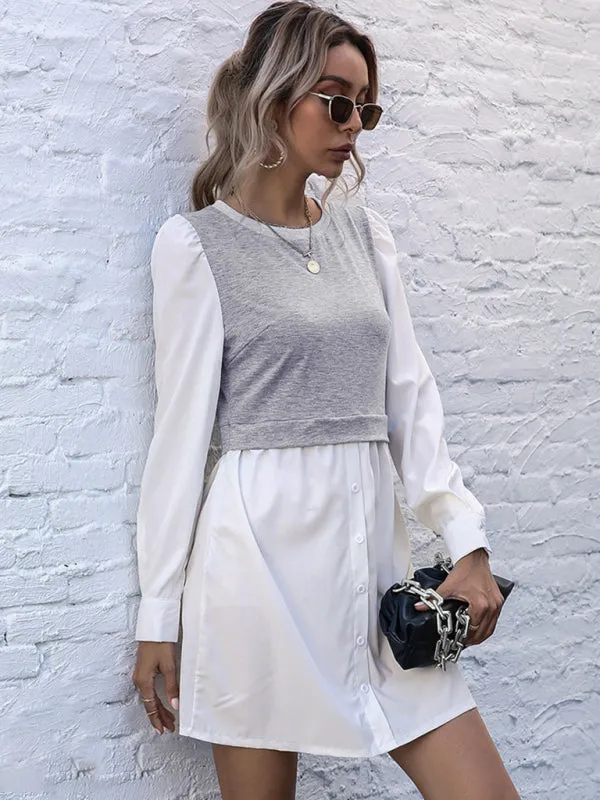 Layered Mini Dress with Button-Down Front and Long Sleeves