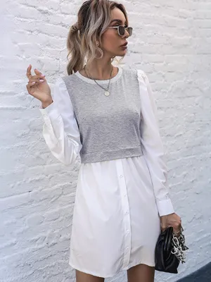 Layered Mini Dress with Button-Down Front and Long Sleeves