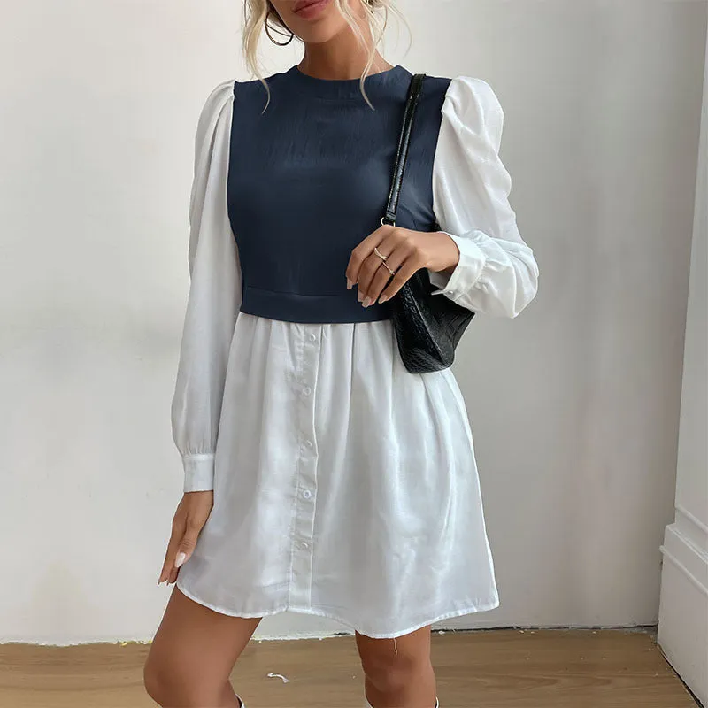 Layered Shirt Dress with Puff Sleeves and Button-Down Front