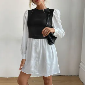Layered Shirt Dress with Puff Sleeves and Button-Down Front