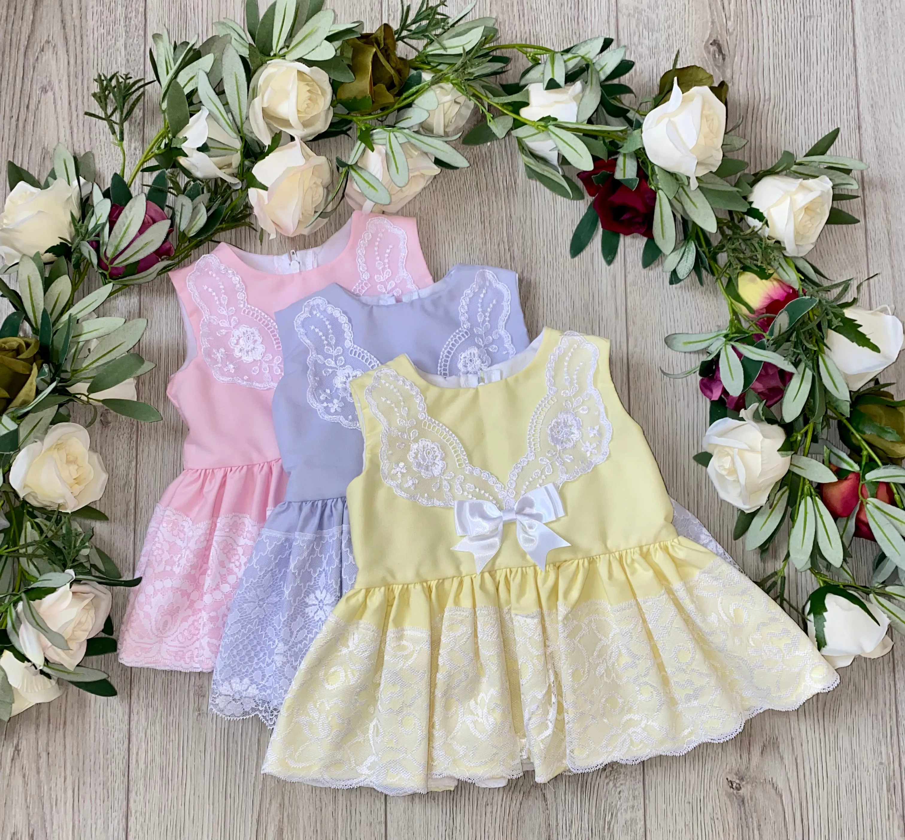 Lemon spanish style Dress with bow & Lace  trim
