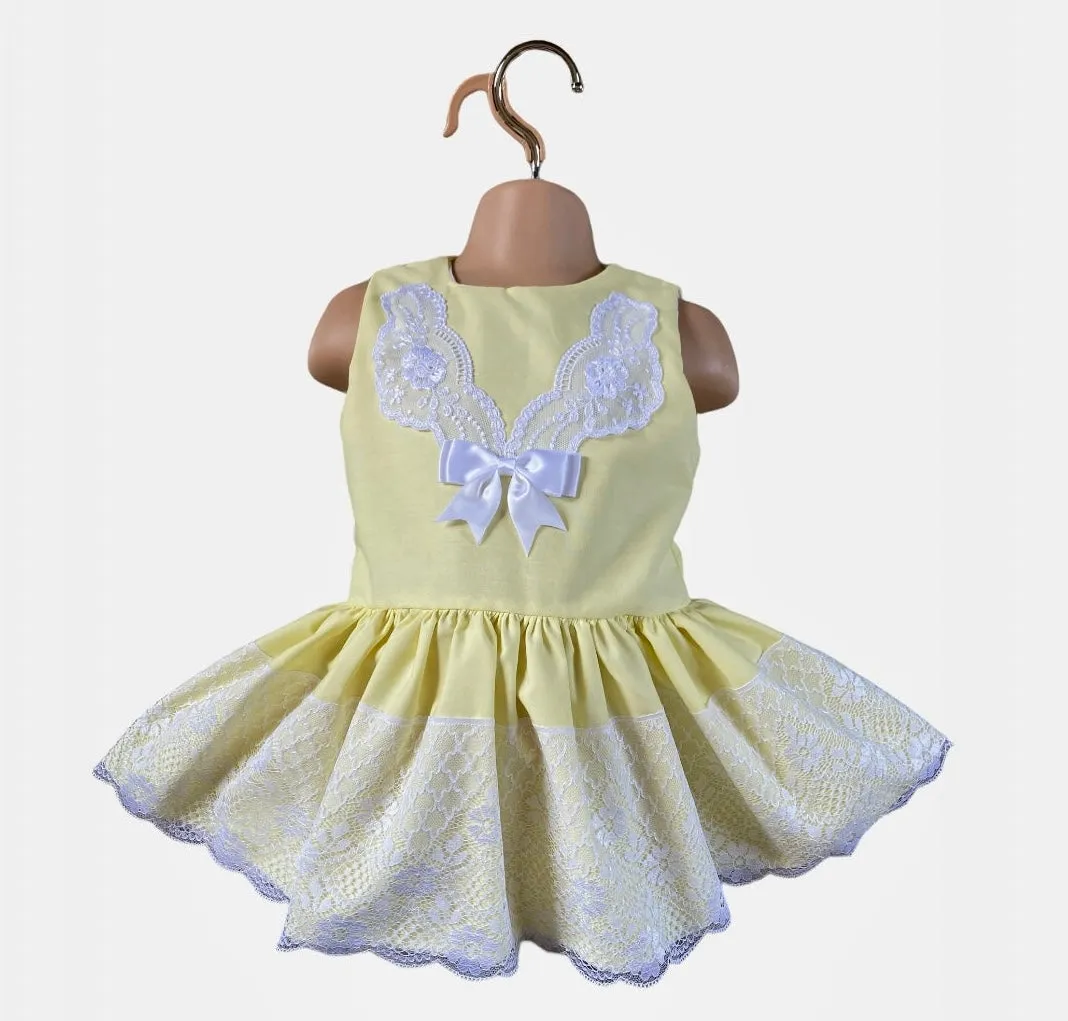 Lemon spanish style Dress with bow & Lace  trim