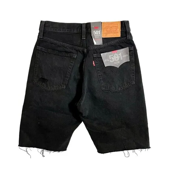 LEVI'S 501 Slouch Denim Jean Shorts Ripped Black Button Fly Raw Hem Sz 25 NWT
