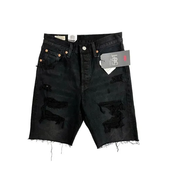 LEVI'S 501 Slouch Denim Jean Shorts Ripped Black Button Fly Raw Hem Sz 25 NWT