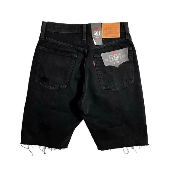 LEVI'S 501 Slouch Denim Jean Shorts Ripped Black Button Fly Raw Hem Sz 25 NWT