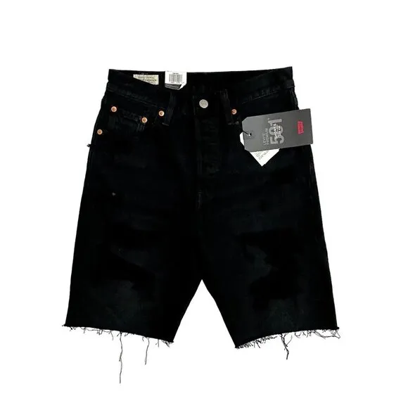 LEVI'S 501 Slouch Denim Jean Shorts Ripped Black Button Fly Raw Hem Sz 25 NWT