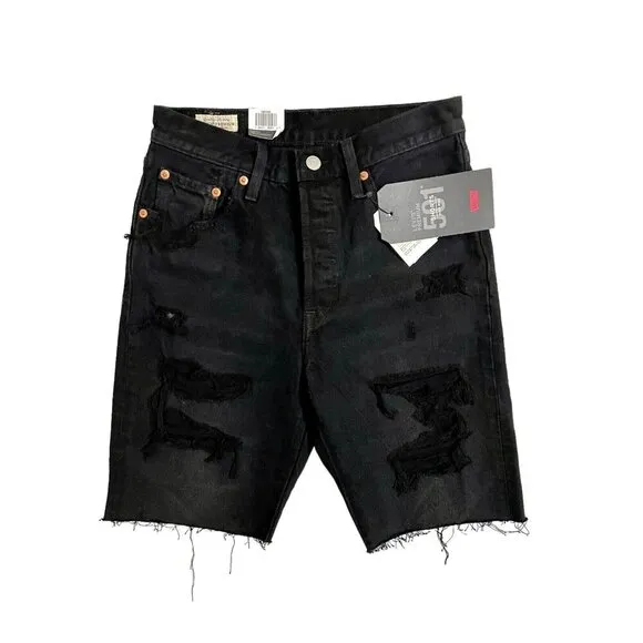 LEVI'S 501 Slouch Denim Jean Shorts Ripped Black Button Fly Raw Hem Sz 25 NWT