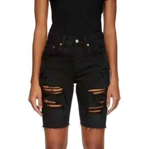 LEVI'S 501 Slouch Denim Jean Shorts Ripped Black Button Fly Raw Hem Sz 25 NWT