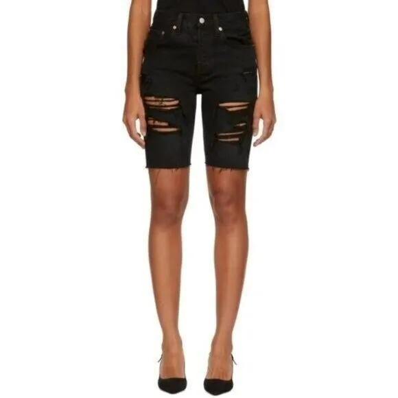 LEVI'S 501 Slouch Denim Jean Shorts Ripped Black Button Fly Raw Hem Sz 25 NWT