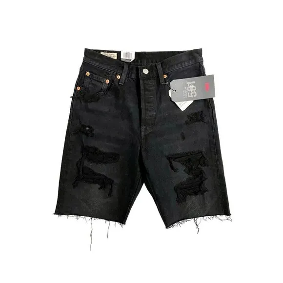 LEVI'S 501 Slouch Denim Jean Shorts Ripped Black Button Fly Raw Hem Sz 25 NWT