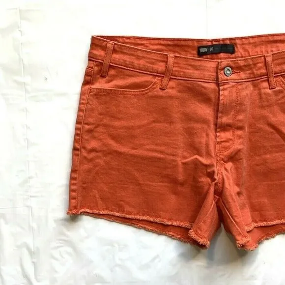 Levi's Cut Off Jean Denim Shorts Womens 16 (36) Stretch Distress Raw Hem Orange‎