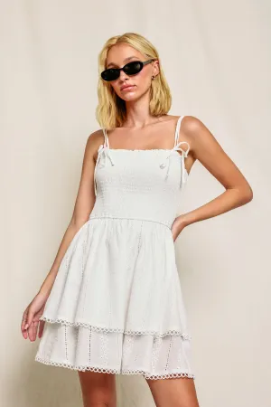 Lillian Eyelet Smocked And Layered Mini Dress