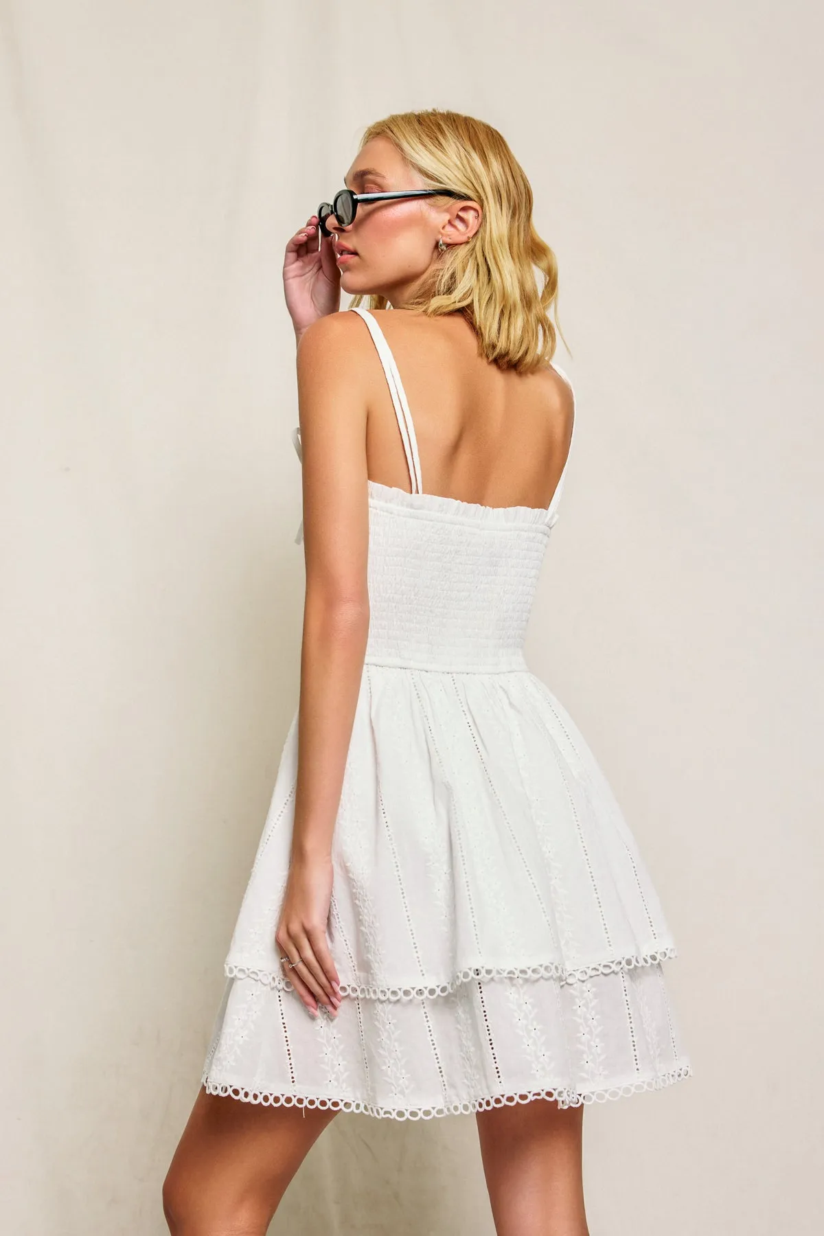 Lillian Eyelet Smocked And Layered Mini Dress