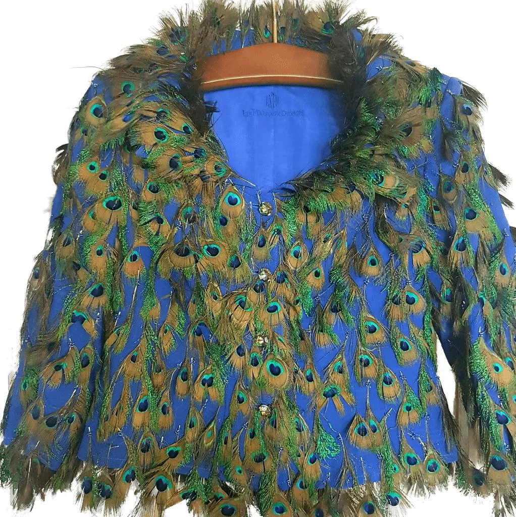 Liz Malraux Haute Couture Silk/Peacock Feathers Jacket Sz40