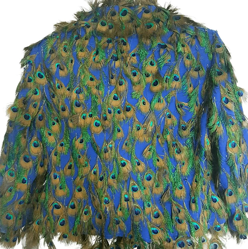 Liz Malraux Haute Couture Silk/Peacock Feathers Jacket Sz40