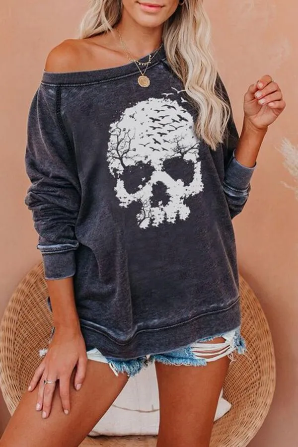Long Sleeve Skull Print Round Neck Sweatshirt