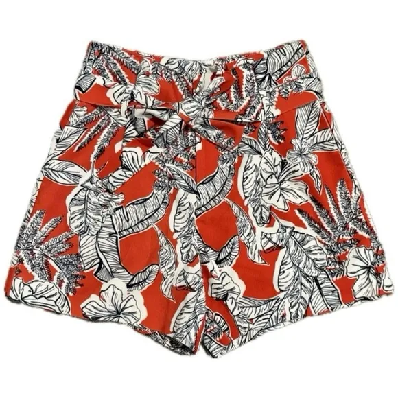 LUCY PARIS Orange/White/Black Tropical Print Belt Waist Shorts {Small}