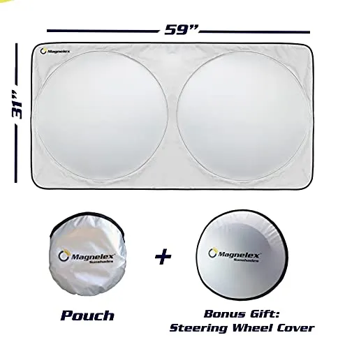 Magnelex Windshield Sunshade with Bonus Steering Wheel Sun Shade. Reflective Polyester Blocks Heat and Sun. Foldable Sun Shield Keeps Your Vehicle Cool (Medium 59 x 31 in)